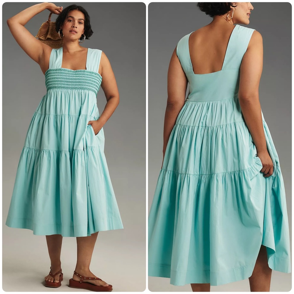 Anthropologie Helena Square-Neck Tiered Midi Dress – Turquoise – XL – NWT